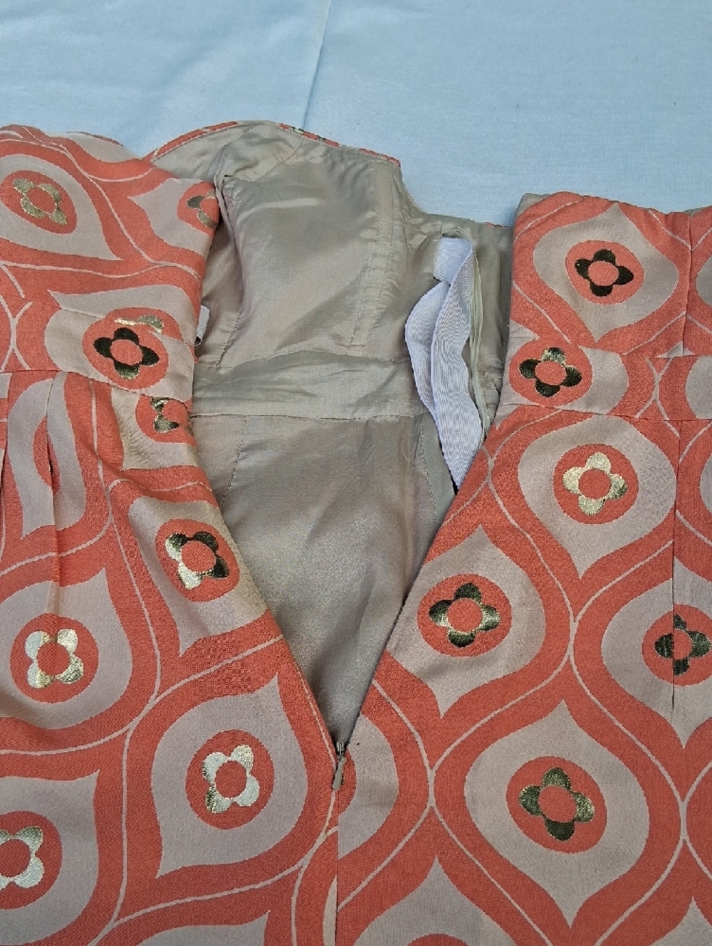 Tibi Coral and Cream Strapless Mini Dress with Gold Accents - Picture 11 of 14